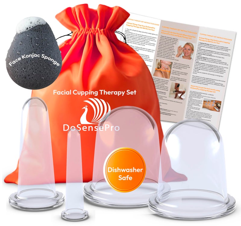 DoSensePro Facial Cupping Set â€“ 4 Silicone Cups for Face, Neck & Body + Konjac Sponge & Guide â€“ Lymphatic Drainage, Anti-Aging, Puffiness Reduction, TMJ Relief & Cellulite Massage â€“ Medical-Grade Silicone - Image 1
